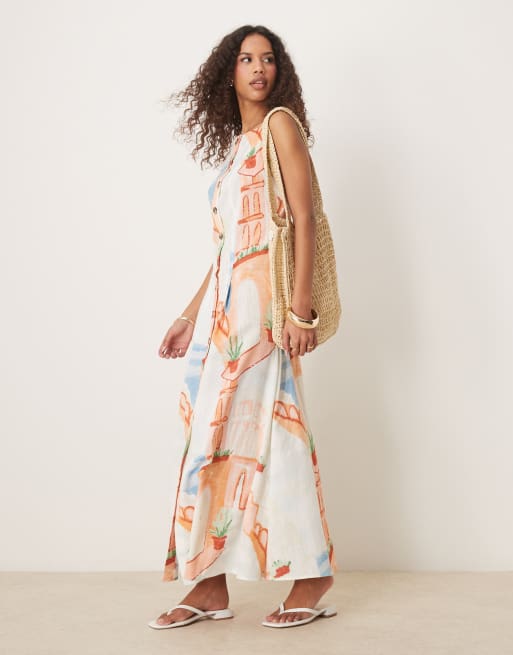 Vestido largo abotonado estilo chaleco con estampado de postales y