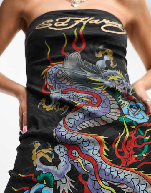 Vestido largo ajustado con escote palabra de honor y estampado gráfico de dragón de Ed Hardy, 2 de 4