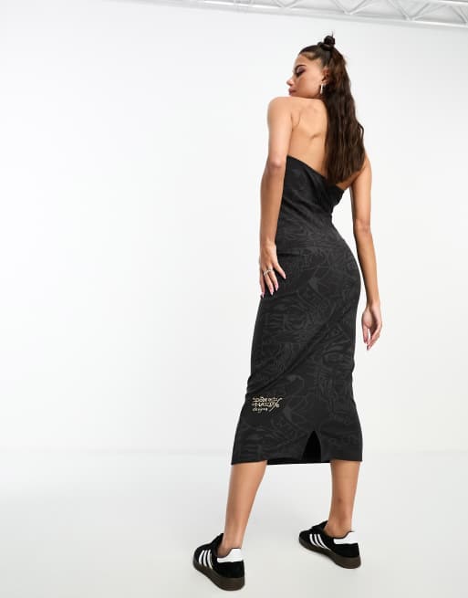 Vestido largo ajustado con escote palabra de honor y estampado gráfico de dragón de Ed Hardy, 3 de 4