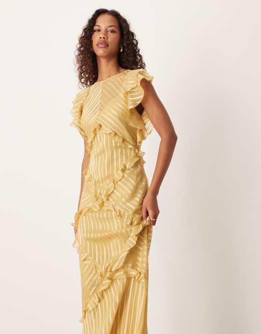 Vestido largo amarillo a rayas con detalle de volantes de ASOS DESIGN, 4 de 4