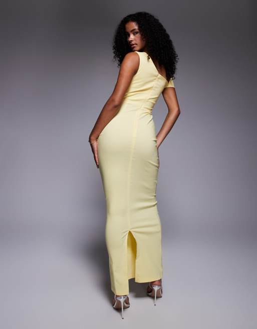 Vestido largo amarillo ajustado y asimétrico con detalle anudado de bengalina de Vesper, 3 de 4