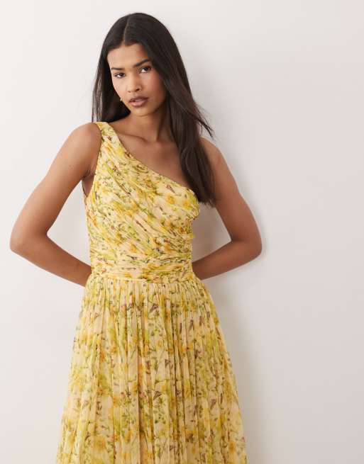 Vestido largo amarillo asimétrico con estampado floral de tul de Lace & Beads , 2 de 4