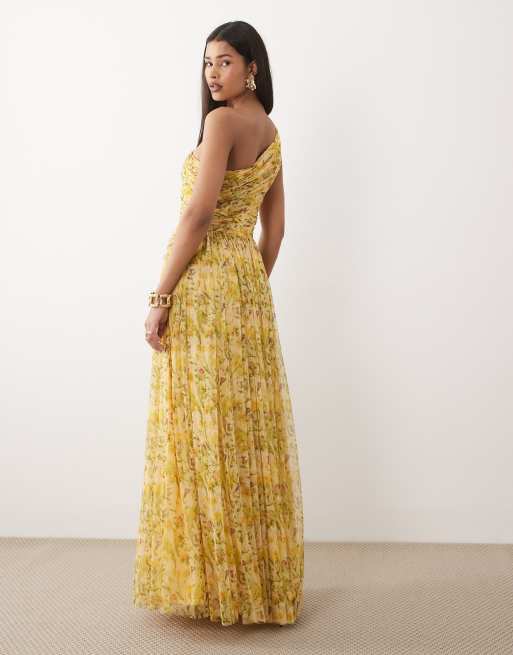 Vestido largo amarillo asimétrico con estampado floral de tul de Lace & Beads , 3 de 4