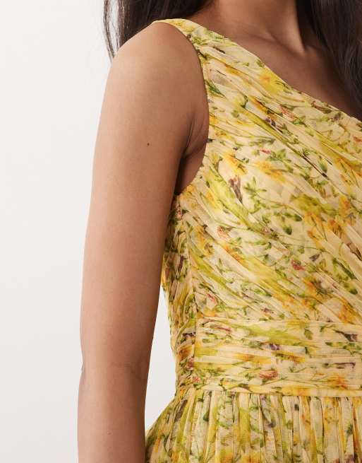 Vestido largo amarillo asimétrico con estampado floral de tul de Lace & Beads , 4 de 4