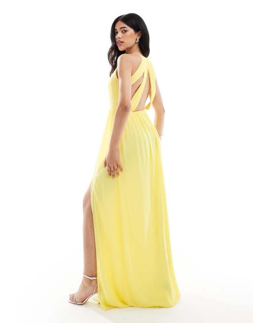 Vestido largo amarillo con cuello alto y detalle de aberturas de TFNC, 2 de 4