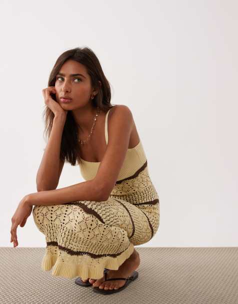Vestido largo amarillo crema a rayas de croché de Miss Selfridge - view 1