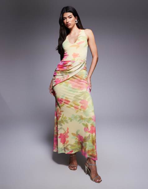 Vestido largo amarillo crema escotado con estampado floral y detalle envolvente estilo fajín de malla de ASOS DESIGN - view 1