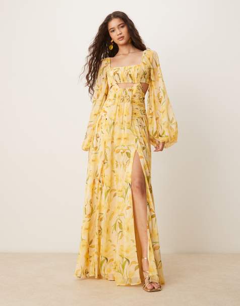 Vestido largo amarillo de manga larga con abertura, falda fruncida y estampado floral de ASOS DESIGN - view 1