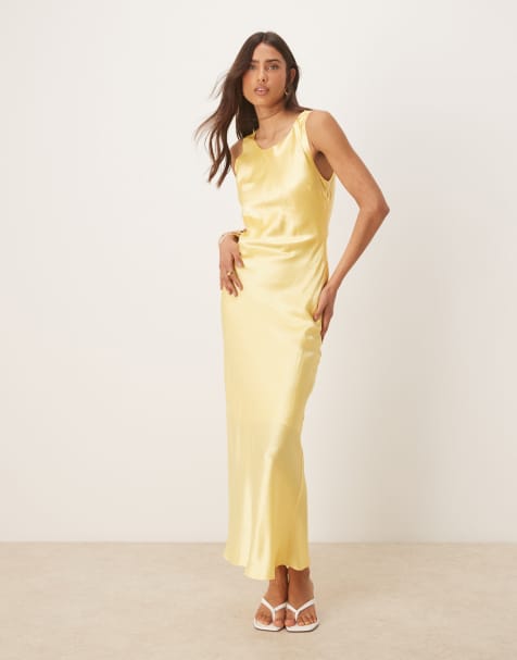 Vestido largo amarillo de tirantes de satén de Selected Femme - view 1