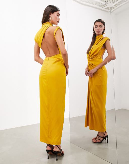 Vestido largo amarillo dorado con cuello alto con abertura de ASOS EDITION, 3 de 4