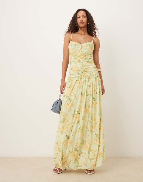 Vestido largo amarillo fruncido con estampado floral de malla de VILA - view 1