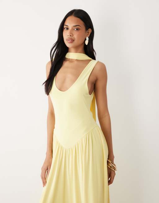 Vestido largo amarillo limón ceñido con detalle de fular de ASOS DESIGN, 3 de 4