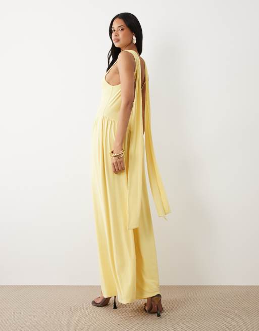 Vestido largo amarillo limón ceñido con detalle de fular de ASOS DESIGN, 4 de 4