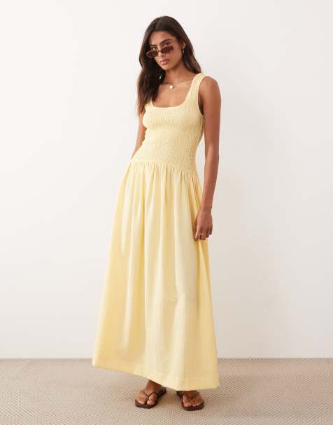 Vestido largo amarillo limón con cuello ancho y cintura fruncida de tejido rugoso de ASOS DESIGN - view 1