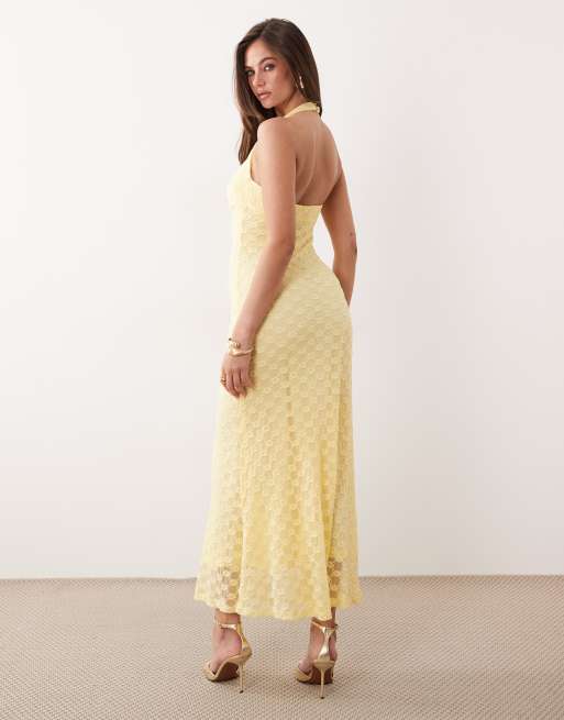 Vestido largo amarillo limón con cuello halter y bordado floral de encaje de mezcla de algodón Mariko de Bardot, 4 de 4