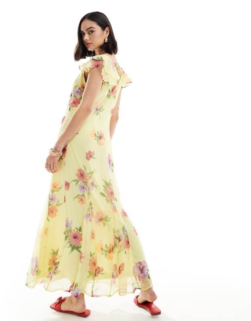 Vestido largo amarillo limón con estampado floral y mangas de volantes de Vero Moda, 2 de 4