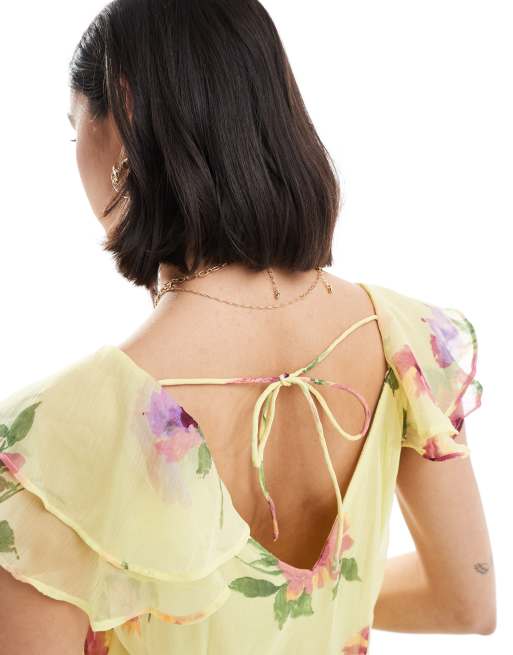 Vestido largo amarillo limón con estampado floral y mangas de volantes de Vero Moda, 3 de 4