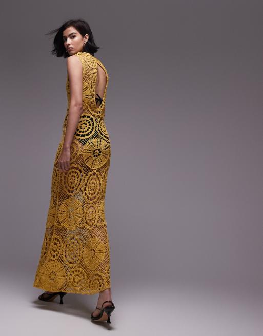 Vestido largo amarillo mostaza sin mangas de punto de croché de Topshop, 2 de 4