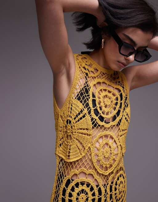 Vestido largo amarillo mostaza sin mangas de punto de croché de Topshop, 4 de 4