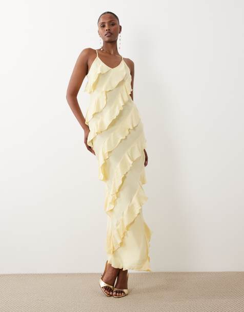 Vestido largo amarillo pálido de tirantes y corte al bies con volantes de Vero Moda - view 1