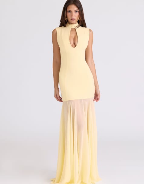 Vestido largo amarillo pastel de crepé y chifón Raphaella de House of CB - view 1