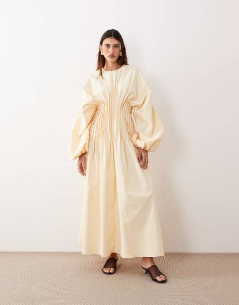 Vestido largo amarillo pastel de manga larga con cintura plisada de ARRANGE - view 1