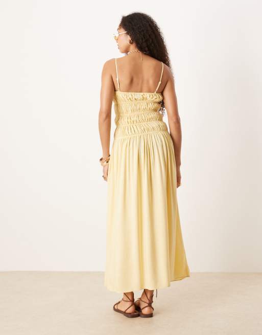 Vestido largo amarillo pastel fruncido de mezcla de lino de ASOS DESIGN, 4 de 4