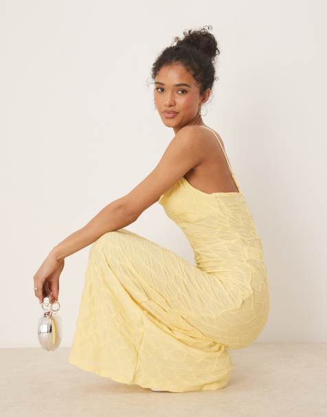 Vestido largo amarillo tenue de tirantes de tejido texturizado de punto liso de VILA - view 1