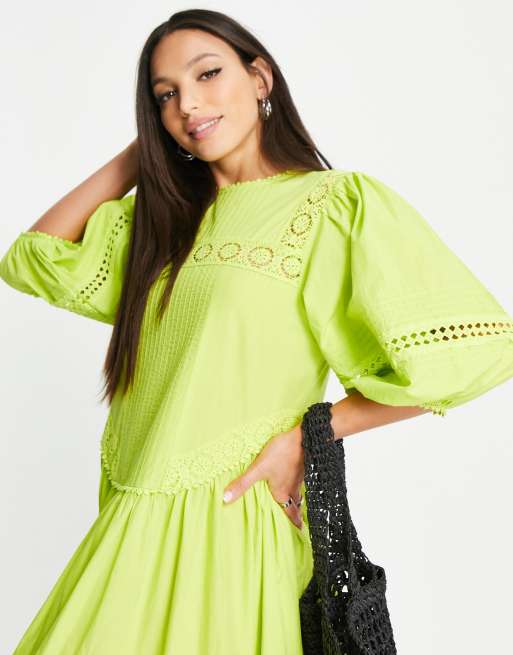 Vestido largo amarillo verdoso cómodo de corte extragrande con bordado inglés de Topshop Tall , 3 de 4