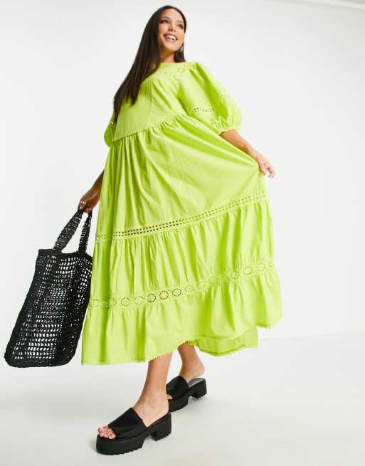 Vestido largo amarillo verdoso cómodo de corte extragrande con bordado inglés de Topshop Tall , 4 de 4