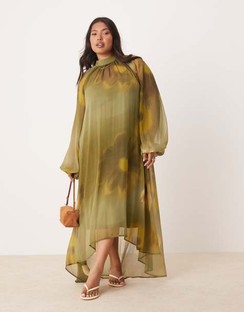 Vestido largo amplio con estampado floral extragrande difuminado, lazada en el cuello y bajo asimétrico de ASOS DESIGN Curve - view 1