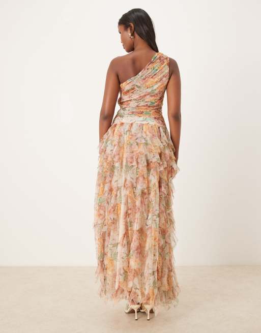 Vestido largo asimétrico con estampado floral y volantes en cascada de Lace & Beads, 4 de 4