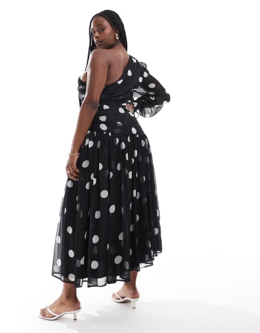 Vestido largo asimétrico con manga larga abullonada y estampado de