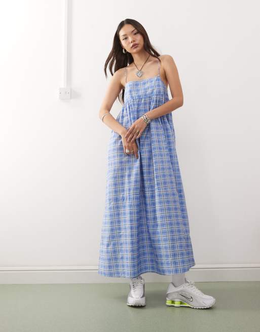 Vestido largo azul a cuadros de tirantes de tejido liso de COLLUSION, 3 de 4