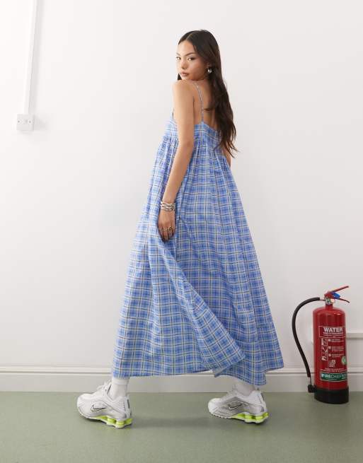 Vestido largo azul a cuadros de tirantes de tejido liso de COLLUSION, 4 de 4