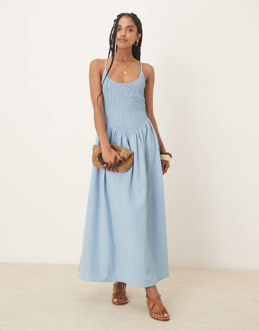 Vestido largo azul acero con cuello ancho y tirantes cruzados en la espalda de tejido efecto rugoso de ASOS DESIGN