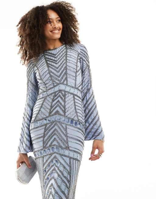 Vestido largo azul aciano de manga larga con diseño de chevrón de abalorios de ASOS DESIGN, 3 de 4