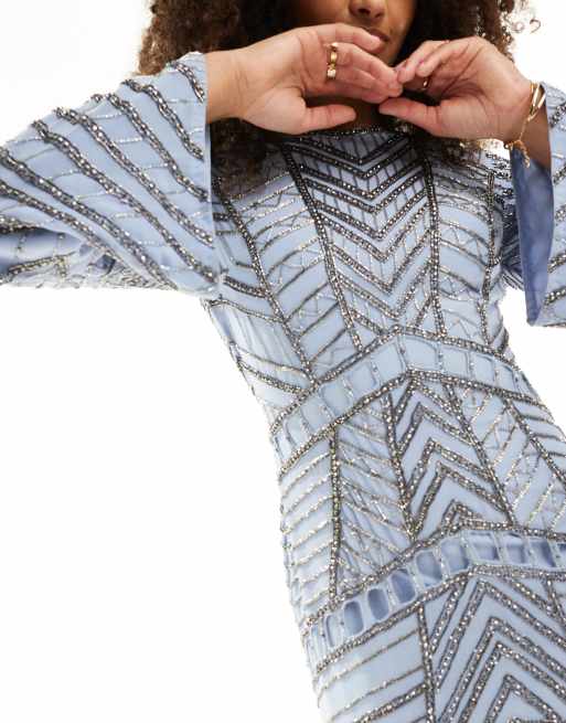 Vestido largo azul aciano de manga larga con diseño de chevrón de abalorios de ASOS DESIGN, 4 de 4