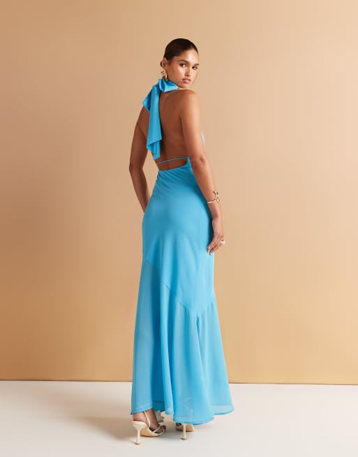 Vestido largo azul aguamarina con fular al cuello de chifón de Amy Lynn, 4 de 4