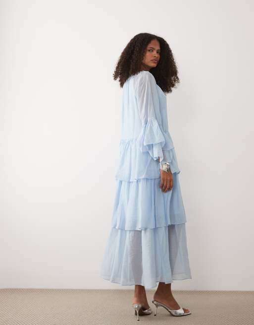Vestido largo azul cielo escalonado de estilo boho con diseño voluminoso de YAS, 4 de 4