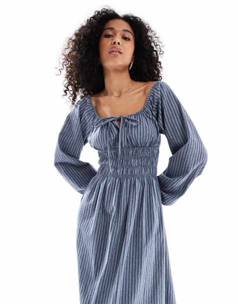 Vestido largo azul claro a rayas de manga larga con lazada delantera y detalles fruncidos de Daisy Street - view 1