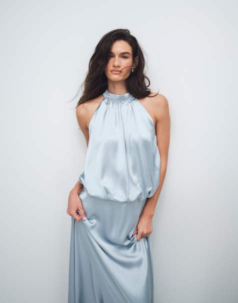Vestido largo azul claro con cuello halter de satén de Gina Tricot - view 1