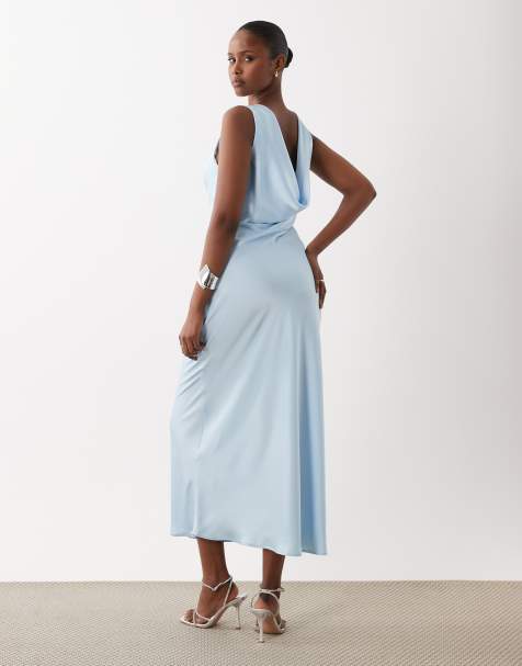 Vestido largo azul claro con espalda desbocada de satén de VILA - view 1