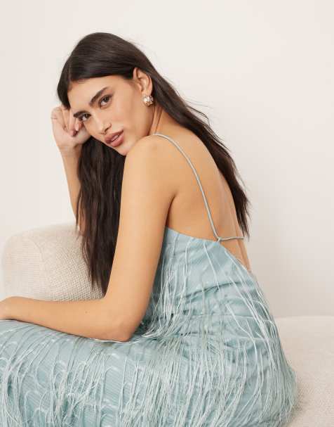 Vestido largo azul claro de corte al bies con flecos de satén de ARRANGE - view 1