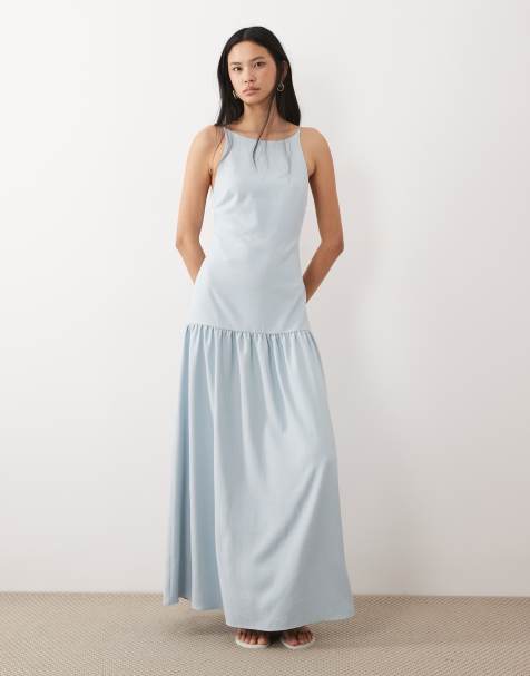 Vestido largo azul claro de tirantes con cuello ancho y cintura baja de ASOS DESIGN Tall - view 1