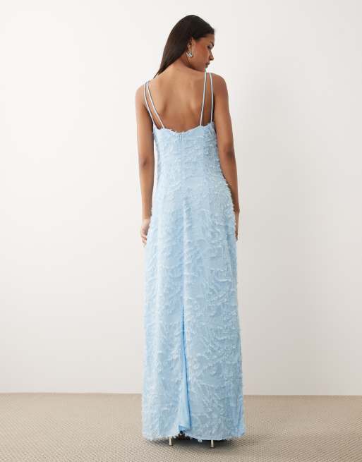 Vestido largo azul claro de tirantes con cuello desbocado de tejido texturizado de VILA, 3 de 4
