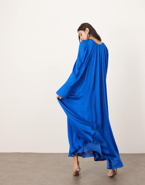 Vestido largo azul cobalto drapeado de satén de ARRANGE - view 1
