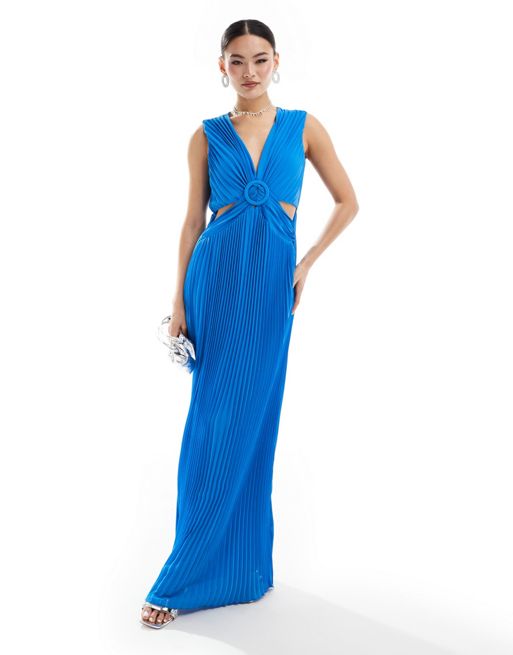 Vestido largo azul cobalto plisado con detalle de abertura de Style Cheat