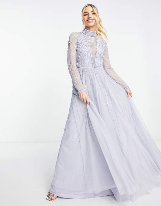 Vestido largo azul con adornos de perlas en el cuerpo y falda de tul de ASOS DESIGN
