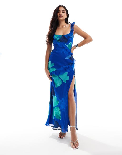 Vestido largo azul con bordes sin rematar, volante, lazada en la espalda y estampado floral llamativo de ASOS DESIGN